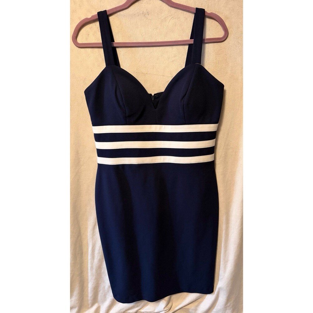 Marina Navy Blue & Ivory Stripe Cocktail Dress Size 10 Sheath Wedding Guest